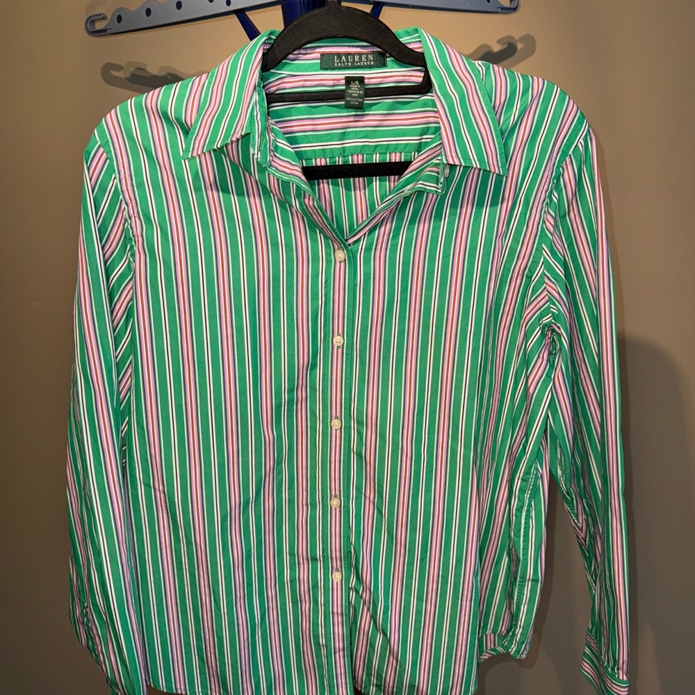 Lauren (Ralph Lauren) Mens Button Up Shirt - Green/Pink Strips - size L - Cotton